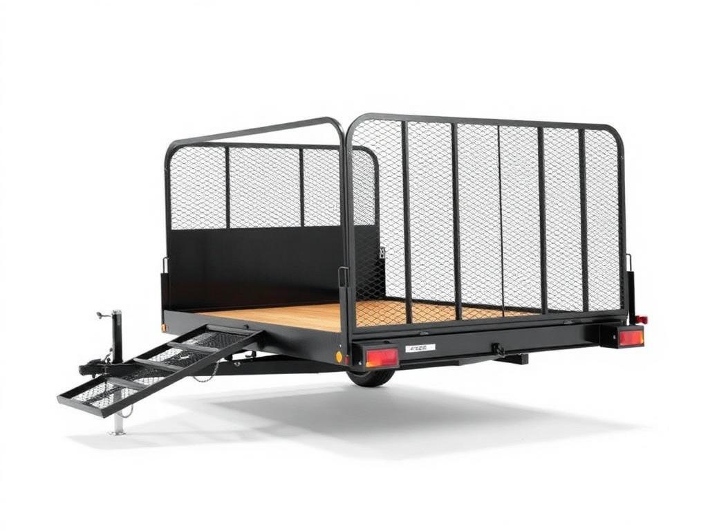 Open utility trailer loaded with a zero-turn mower and landscape tools